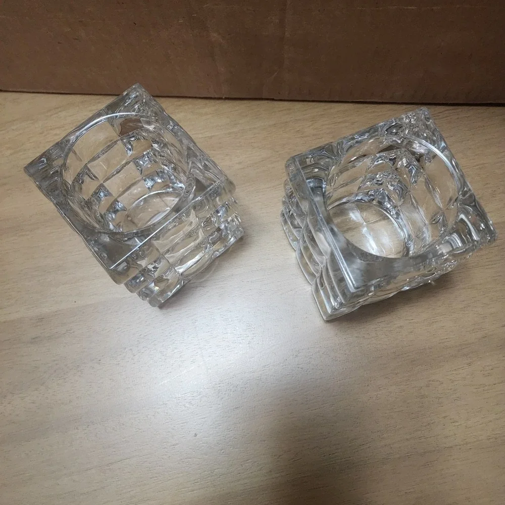2-Towle Heavy Modern art deco Cubist Crystal table Vase ,Candle, make-up brush
